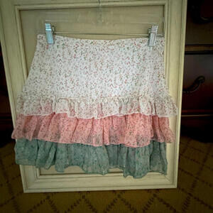 Divine Heritage triple ruffle tiered flowy boho floral print mini skrt NWOT M
